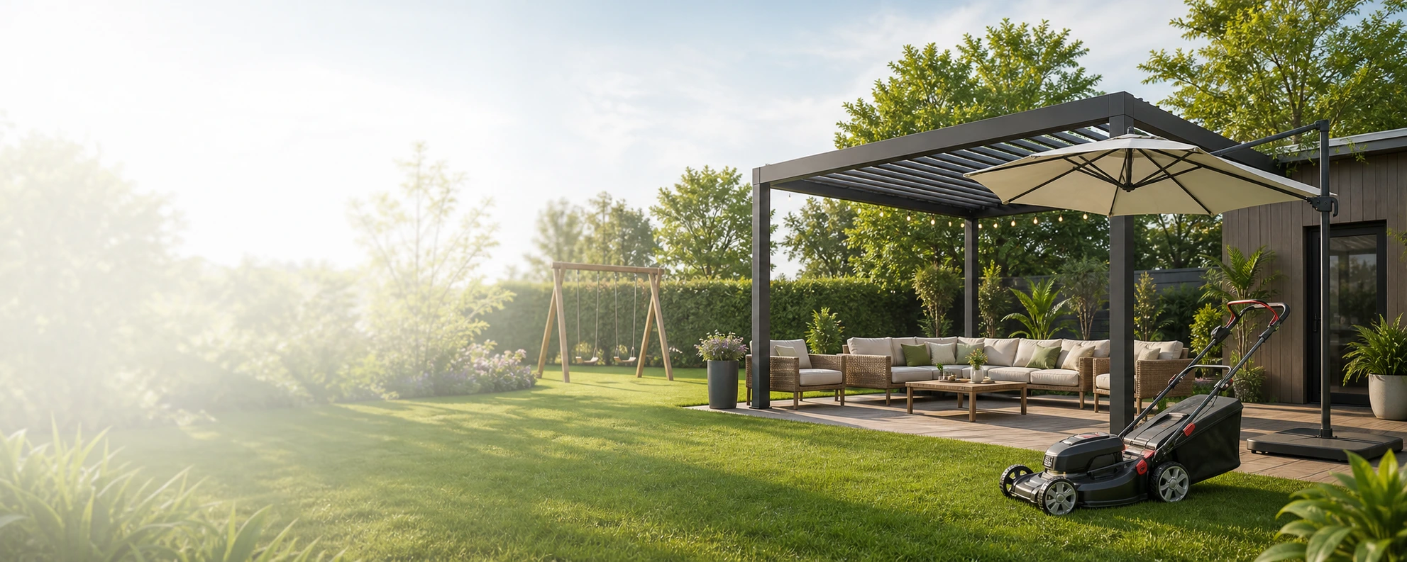 Pergola, parasol, tondeuse et mobilier de jardin dans un extérieur entretenu